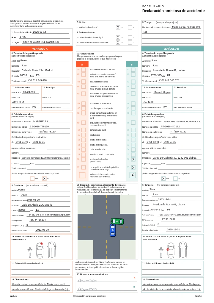 Primera página de una declaración de accidente europea cumplimentada con CrashAssist: los datos de ambos conductores, las circunstancias marcadas, un croquis del lugar y dos firmas.